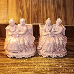 Vintage mcm pink ceramic Victorian couple planter set